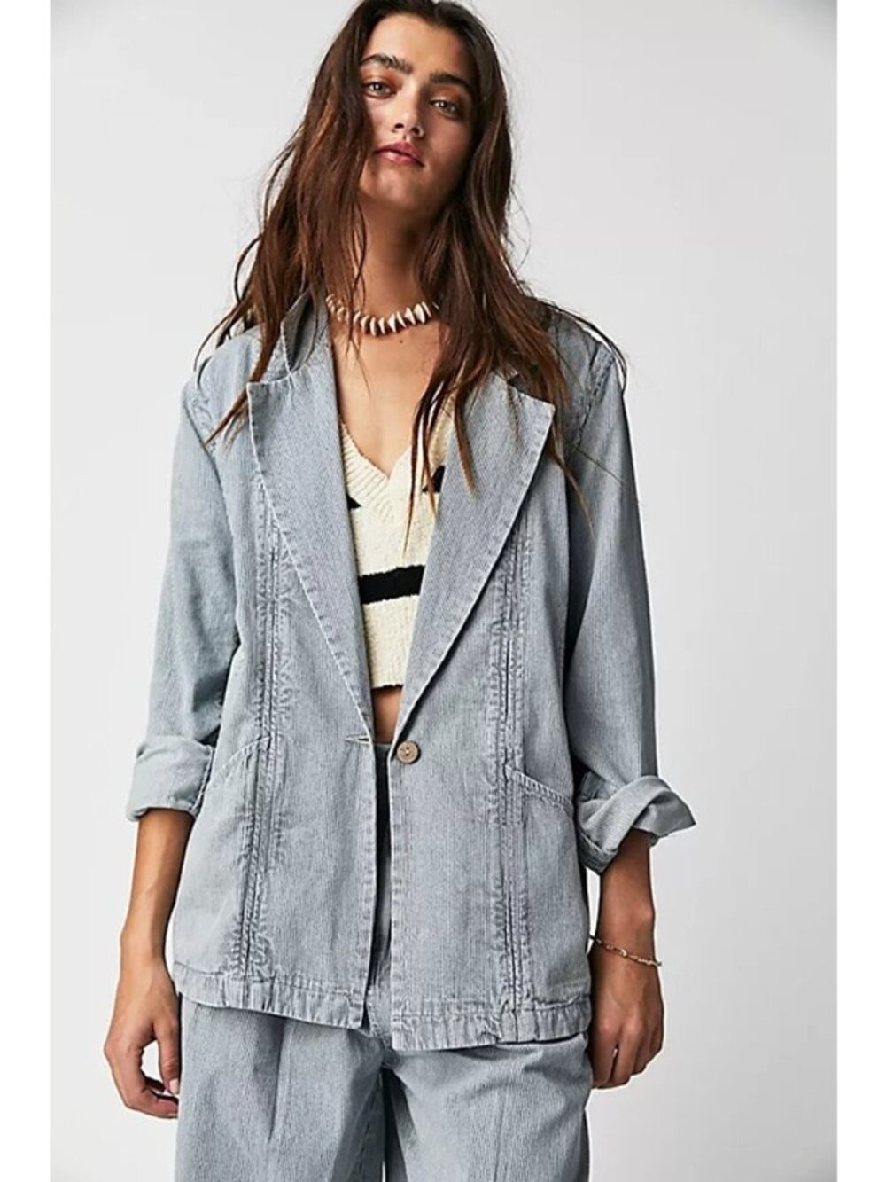 FREE PEOPLE Wanderlust Oversized Striped Cotton Blazer in Blue & White Wash